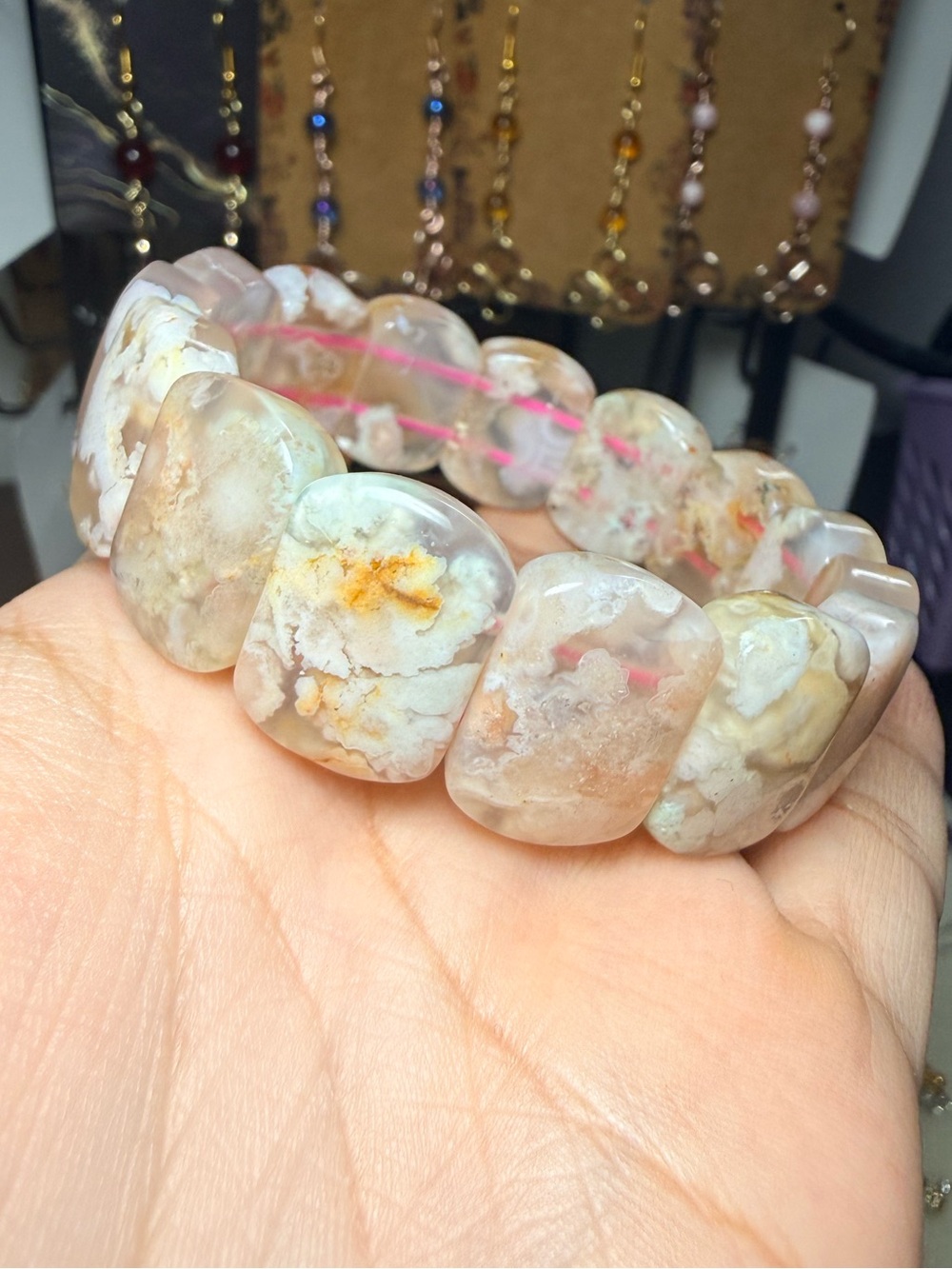 Pink Flower Agate Chunky Bangle Bracelet Natural Stone